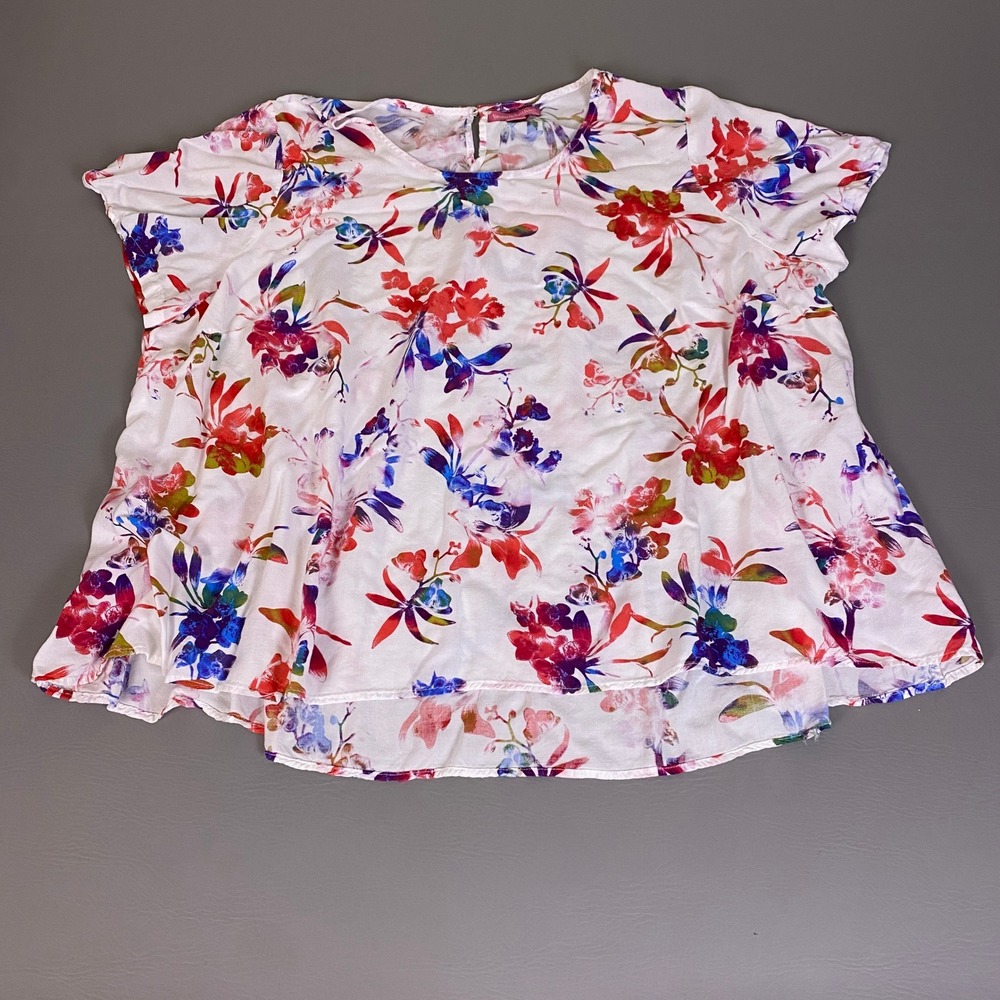 Woman Within Blouse Top Women's 3X 30/32 White Floral Rayon Short Sleeve Peplum